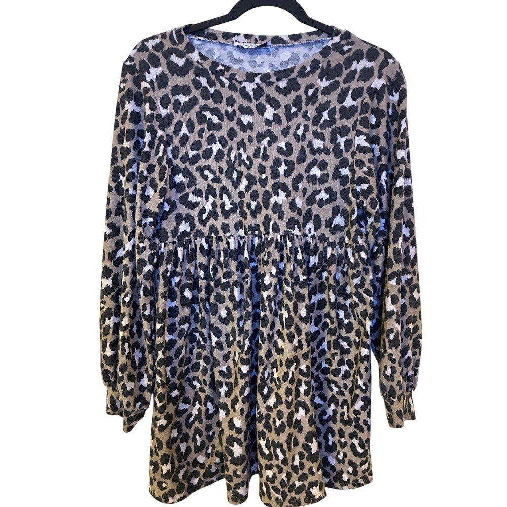 Carly Jean Los Angeles Leopard Print Babydoll Tunic Top Long Sleeve Women S